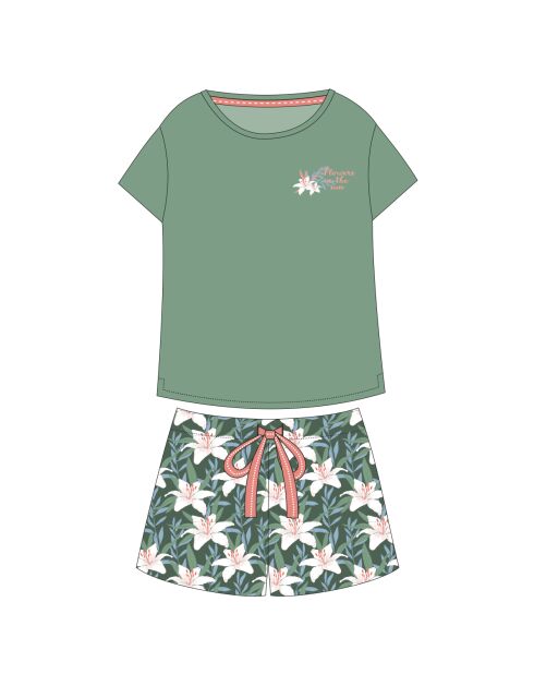 Groene pyjama met korte mouwen en zonnebloemenpatroon