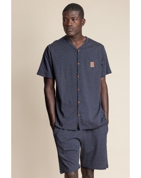 Klassischer marineblauer Kurzarm-Pyjama aus Leder mit offenen Ärmeln