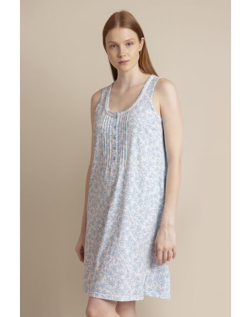 Camicia da notte classica senza maniche con motivo a foglie primaverili blu