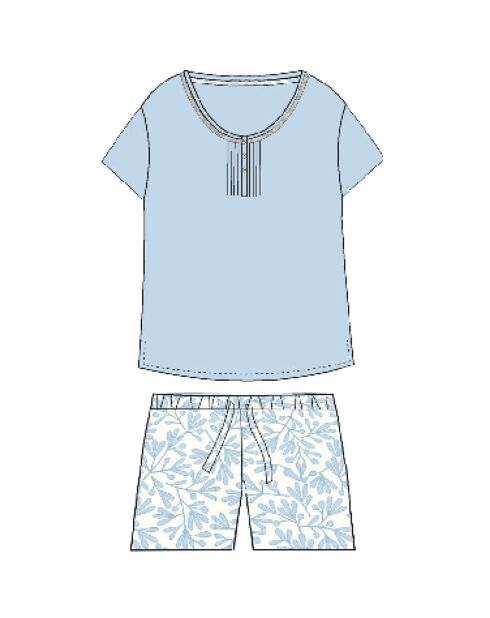 Kurzärmliger Pyjama, blaues Frühlingsblattmuster
