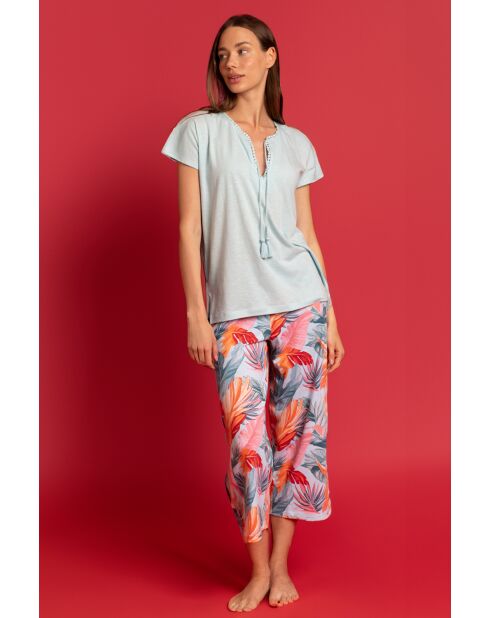 Blauer Schlafanzug mit Blattmuster und kurzen Ärmeln