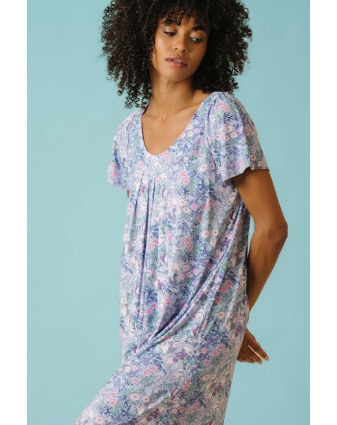 Blauwe klassieke bloemenjurk met korte mouwen