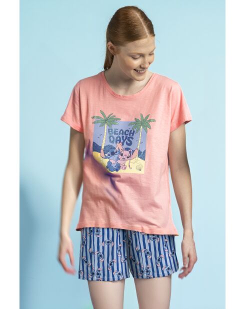 Pijama de manga corta Stitch Waves rosa/azul