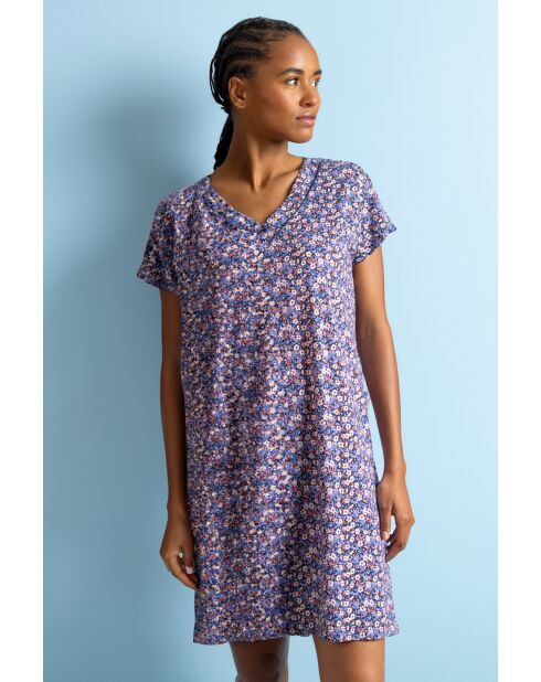 Liberty-jurk in blauw en roze met verlaagde mouwen