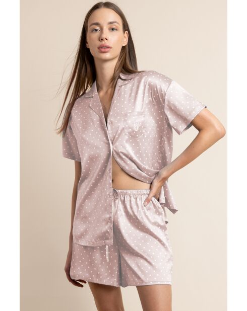 Steinfarbener Kurzarm-Pyjama mit Tupfenmuster