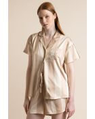 Lichtbeige luxe gestreepte pyjama met korte mouwen