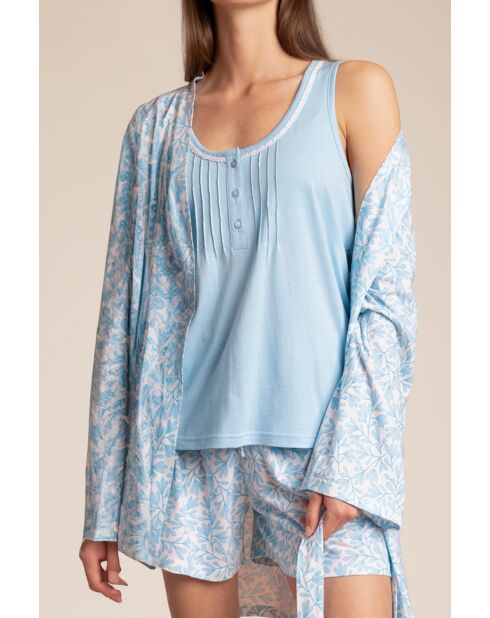 Déshabillé à manches longues classic, motif feuilles printanières bleu