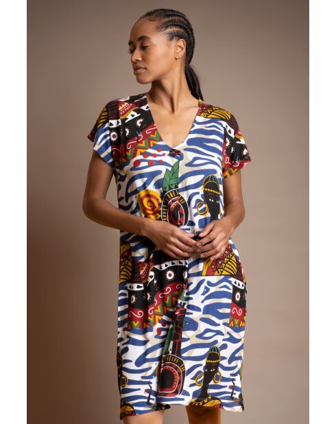 Luxe meerkleurige jurk met verlaagde mouwen