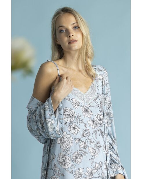 Déshabillé fleuri à manches longues bleu clair