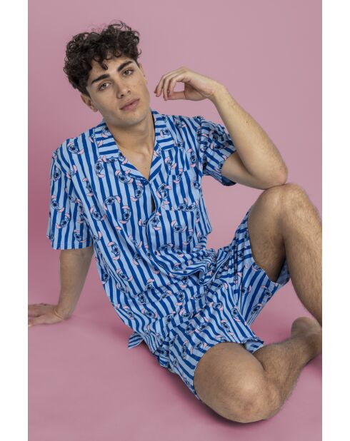 Stitch Waves Disney blauer Kurzarm-Pyjama mit offenen Ärmeln