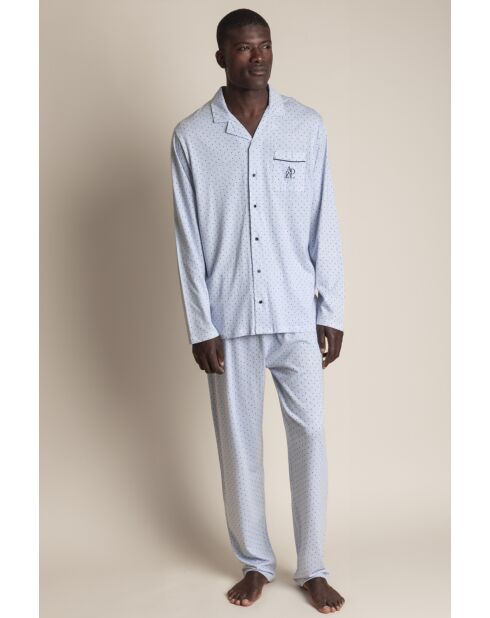 Pigiama classico con maniche lunghe aperte, righe e pois blu