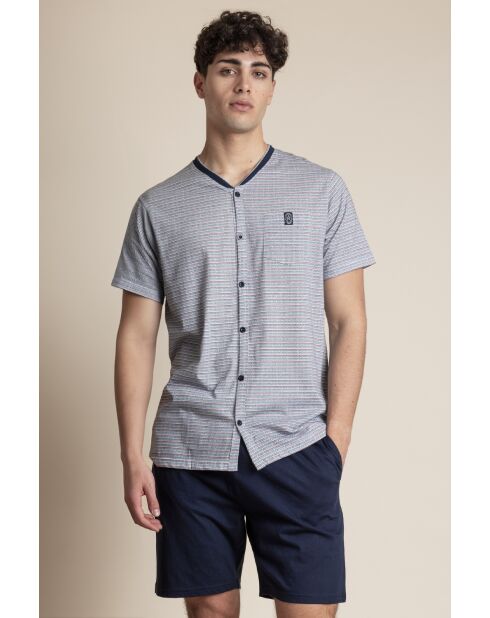 Klassischer blauer offener Kurzarm-Pyjama mit Fischgrätmuster