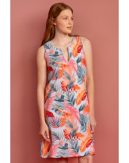 Ärmelloses Kleid, blaues Blattmuster