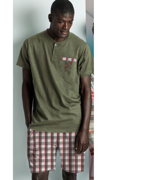 Antonio Miro khakifarbener Kurzarm-Pyjama mit Würfelmuster