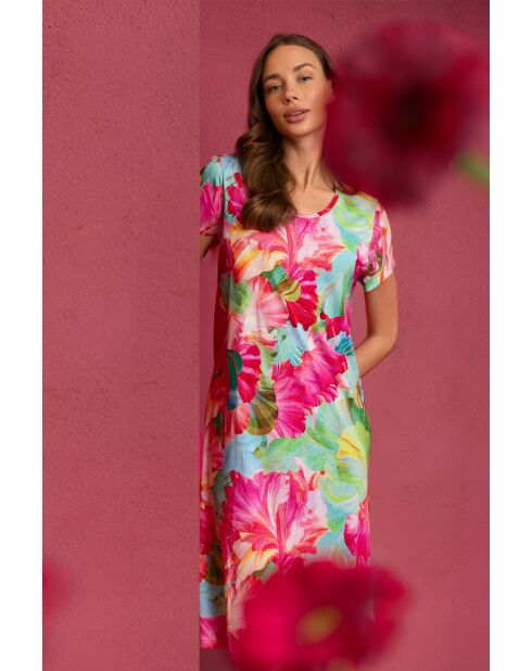 Kurzärmliges Kleid mit leuchtend fuchsiafarbenen Blumen
