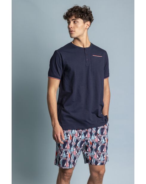 Kurzärmliger Pyjama, marineblaues Wasserrennmuster