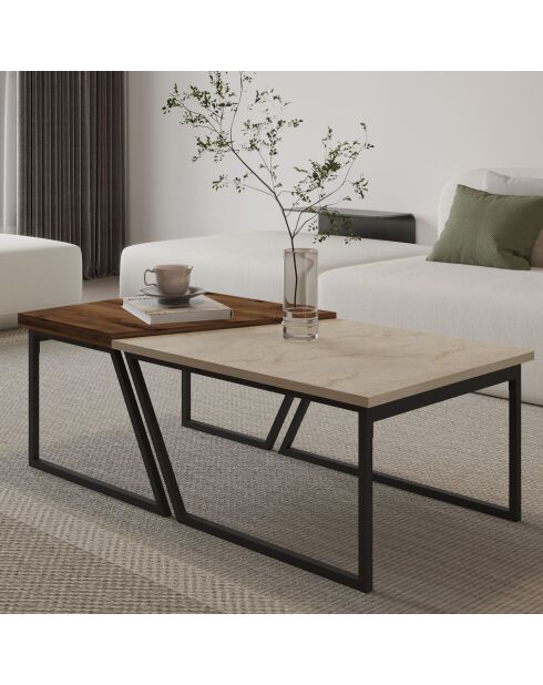 Set de 2 mesas de café Verona P0024623 travertin/nogal rústico - 60-80 x 38,8 x 60 cm