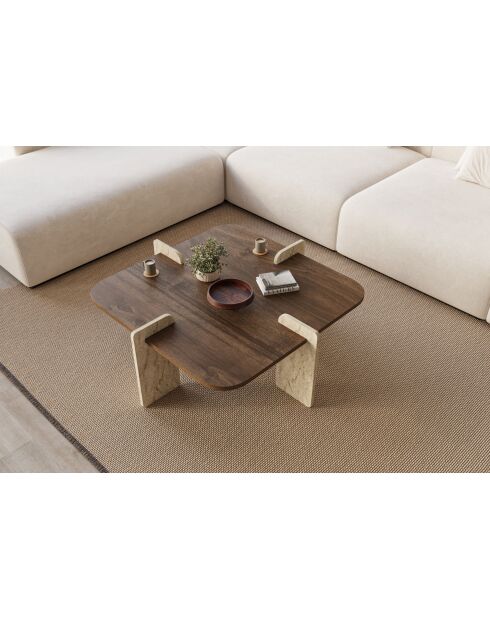 Table basse Poalla noyer/travertin - 90x35x90 cm