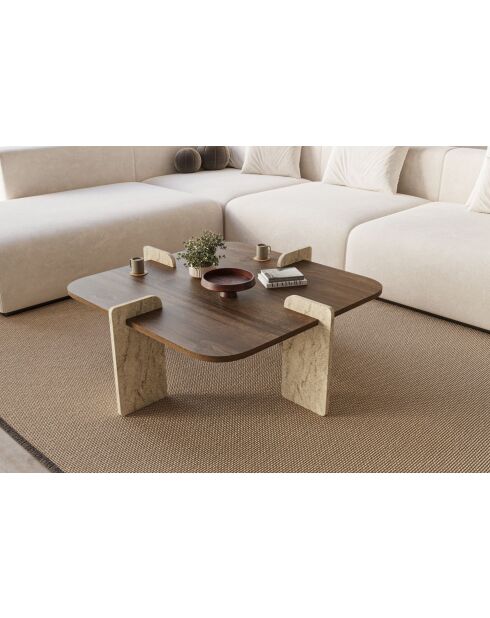 Table basse Poalla noyer/travertin - 90x35x90 cm
