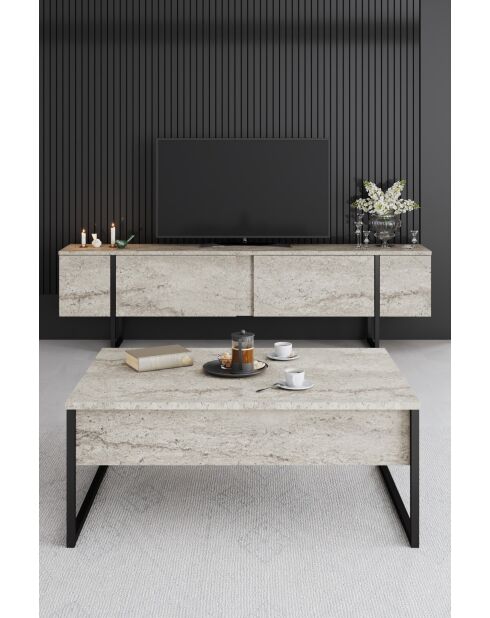 Luxe tv-meubel in travertijn/zwart - 180x30x50 cm