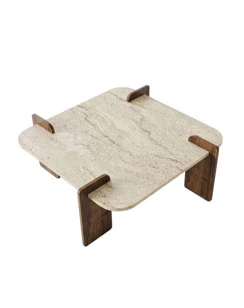 Table basse Afrolli travertin/noyer - 90x35x90 cm