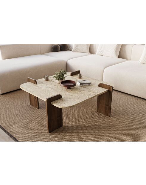 Table basse Afrolli travertin/noyer - 90x35x90 cm