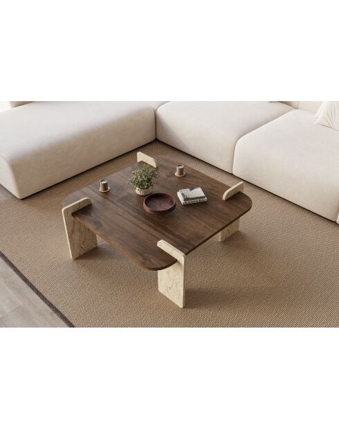 Afrolli salontafel met walnoot/travertijn - 90x35x90 cm