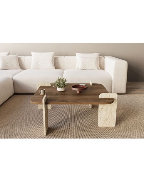 Afrolli salontafel met walnoot/travertijn - 90x35x90 cm