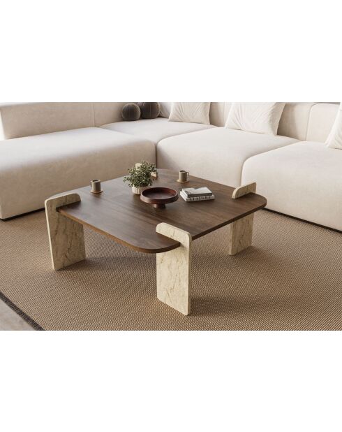 Afrolli salontafel met walnoot/travertijn - 90x35x90 cm