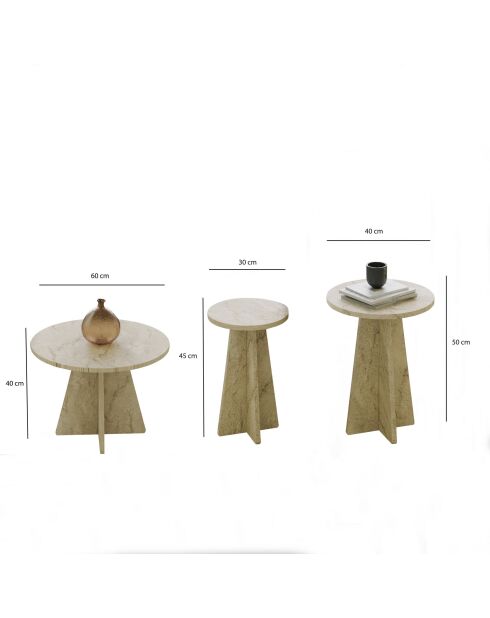 Set de 3 mesas de café Mushroom de color beige claro, 60 x 40 x 60 cm