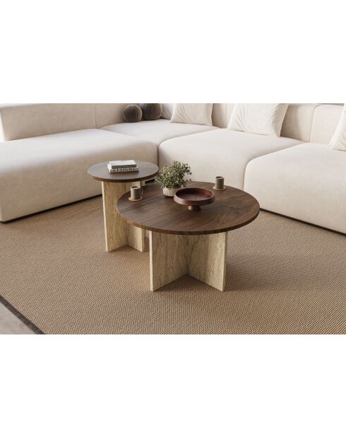 Ensemble de 2 tables basses Privé noyer/travertin - 70x40x70 cm