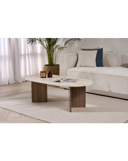 Couchtisch aus Travertin-Sand/Nussbaum - 119x40x60 cm