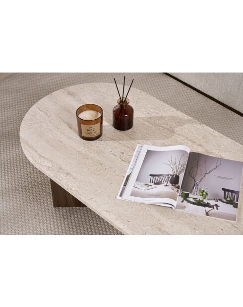 Couchtisch aus Travertin-Sand/Nussbaum - 119x40x60 cm