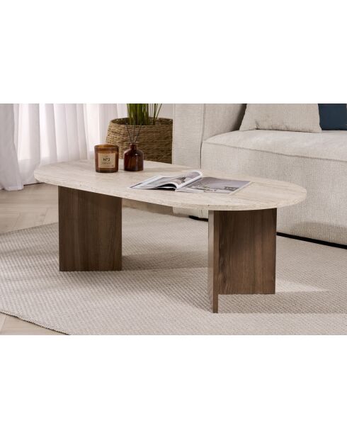 Couchtisch aus Travertin-Sand/Nussbaum - 119x40x60 cm