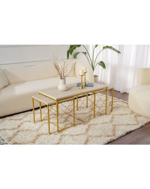 Set de 3 mesas de café Defne doradas/travertino - 100x52x50 cm