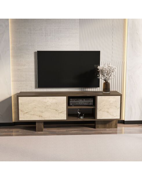 Meuble TV Monaco noyer/travertin - 150x54x35 cm