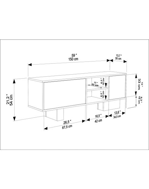 Meuble TV Monaco noyer/travertin - 150x54x35 cm