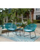 2-Sitzer-Gartenset mit schwarzen Beinen und blauen Kissen