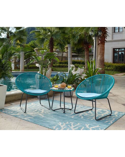 2-Sitzer-Gartenset mit schwarzen Beinen und blauen Kissen