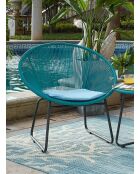 2-Sitzer-Gartenset mit schwarzen Beinen und blauen Kissen