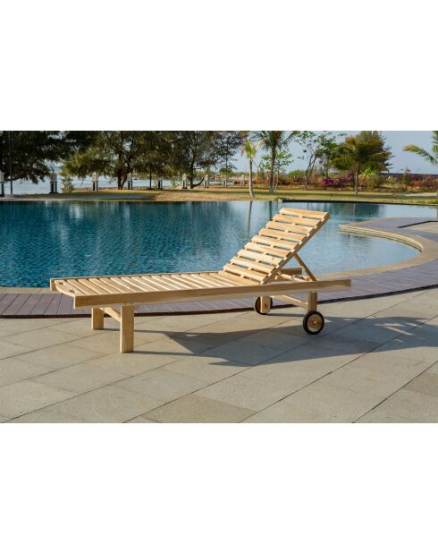 Lettino da giardino con testa regolabile 2 ruote naturale - 65x200x36 cm