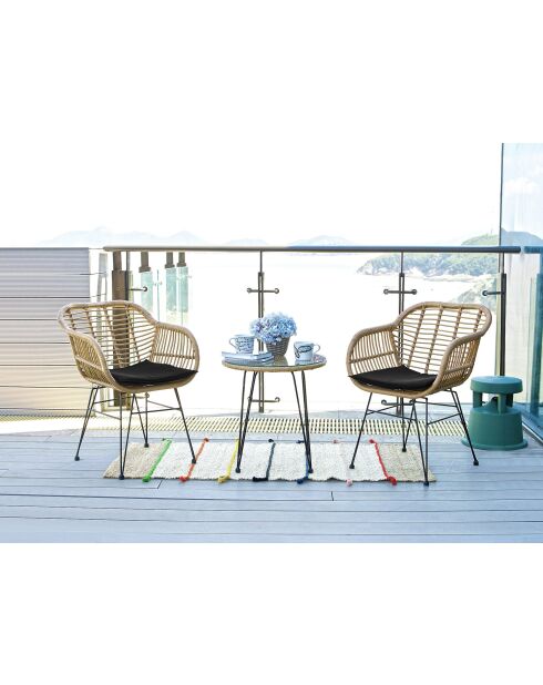 Natürliches 2-Sitzer-Gartenset, schwarze Kissen