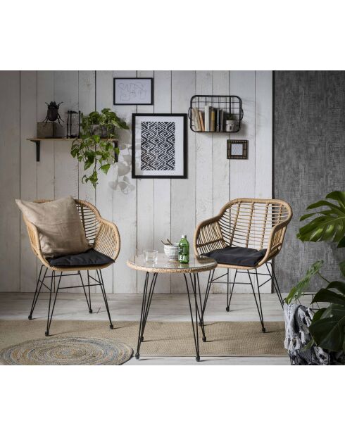 Natürliches 2-Sitzer-Gartenset, schwarze Kissen