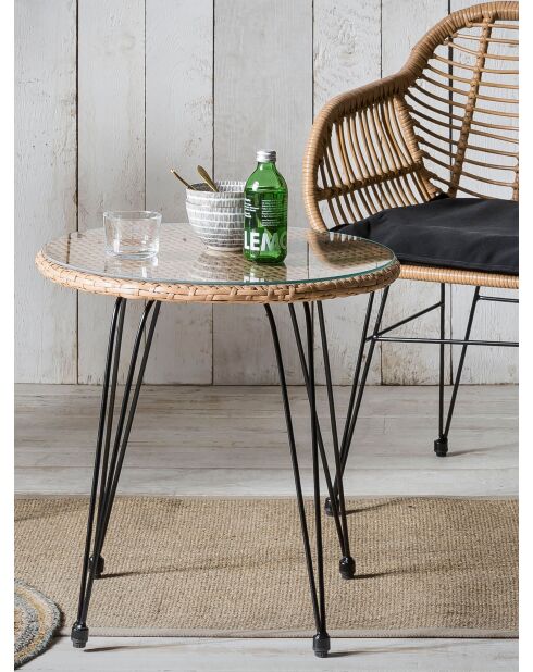 Natürliches 2-Sitzer-Gartenset, schwarze Kissen