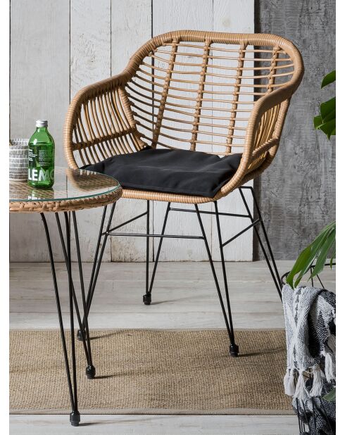 Natürliches 2-Sitzer-Gartenset, schwarze Kissen