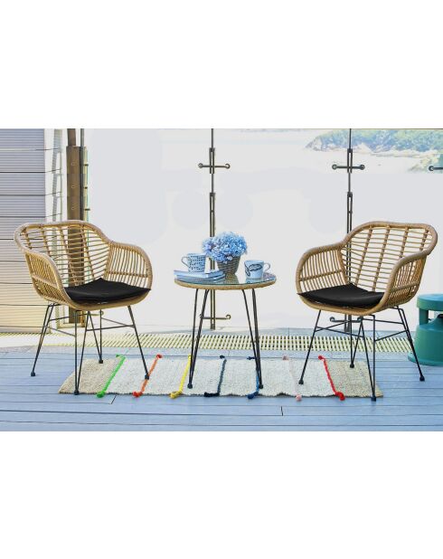 Natürliches 2-Sitzer-Gartenset, schwarze Kissen