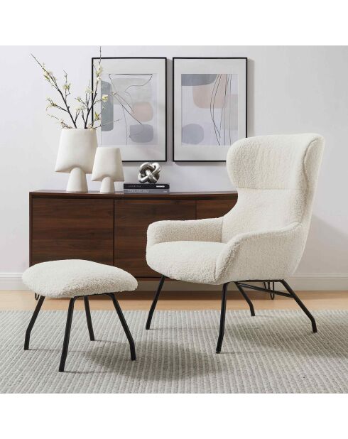 Fever - Ensemble fauteuil et tabouret teddy fourrure beige - 79x82x103 cm