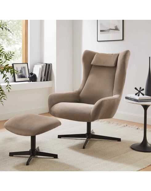 Fever - Fauteuil et tabouret aspect velours côtelé marron - 82x85x106 cm