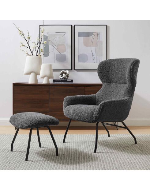 Fever - Set aus Sessel und Hocker Teddy aus anthrazitfarbenem Fell - 79x82x103 cm