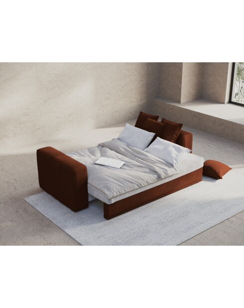 Canapé convertible en velours côtelé 3 places avec coffre Ribes terracotta - 242x104x88 cm